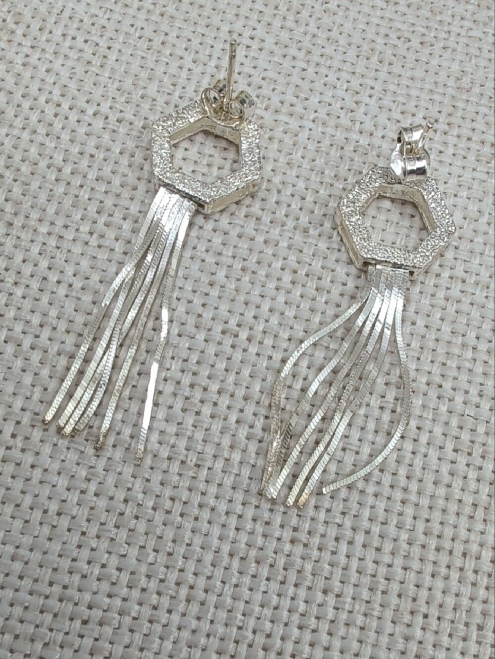 Milor Italy 925 Sterling Silver Hexagon Fringe Tassel Drop Earrings Vintage - Picture 13 of 17